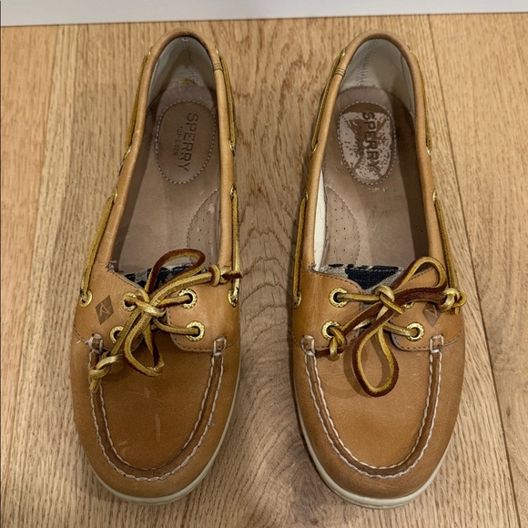 Sperrt Topsiders Tan leather boat shoes w leopard/animal print Sz 7.5 - Picture 5 of 9